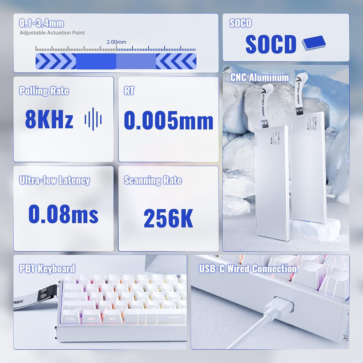 Teclado Gamer ATTACK SHARK X68 MAX HE Alumínio Contorno Branco 9 Teclado Gamer ATTACK SHARK X68 MAX HE Alumínio Contorno Branco - Imagem 9