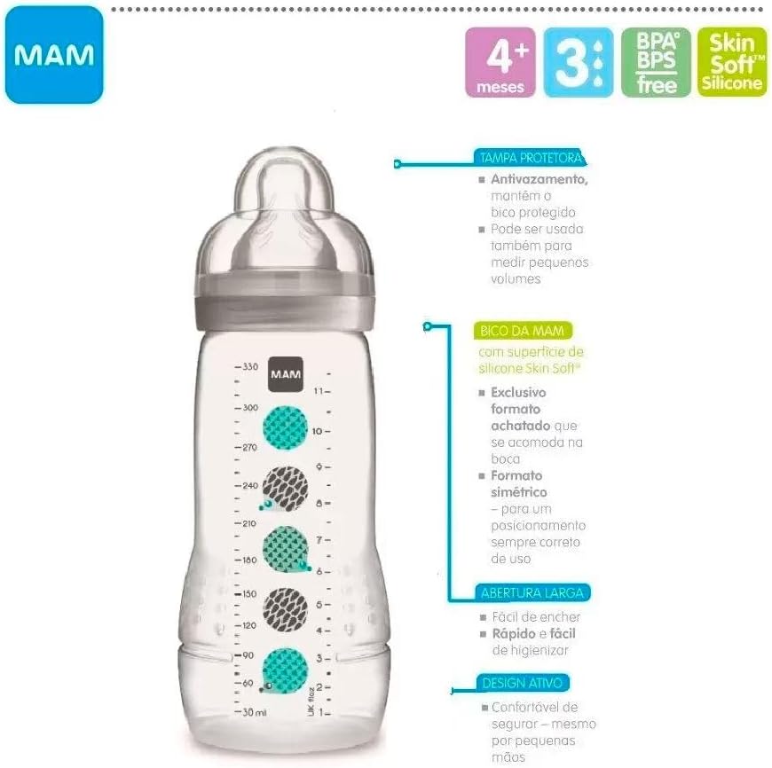 Mamadeira MAM Easy Active 330ml Ergonômica Bico Silicone 3 Mamadeira MAM Easy Active 330ml Ergonômica Bico Silicone - Imagem 3