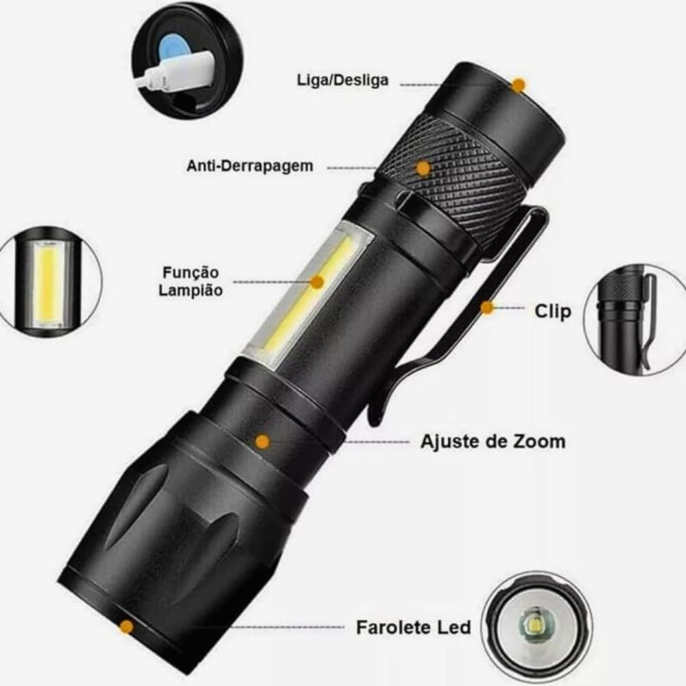 Mini Lanterna Tática LED Recarregável USB com Zoom e Estojo 4 Mini Lanterna Tática LED Recarregável USB com Zoom e Estojo - Imagem 4