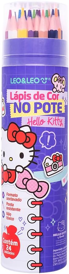 Lápis de Cor Leonora Hello Kitty 24 Cores em Pote Infantil