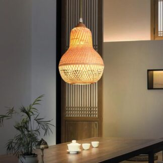 Luminária Pendente SSNAINIU Rattan Retrô Cúpula de Bambu
