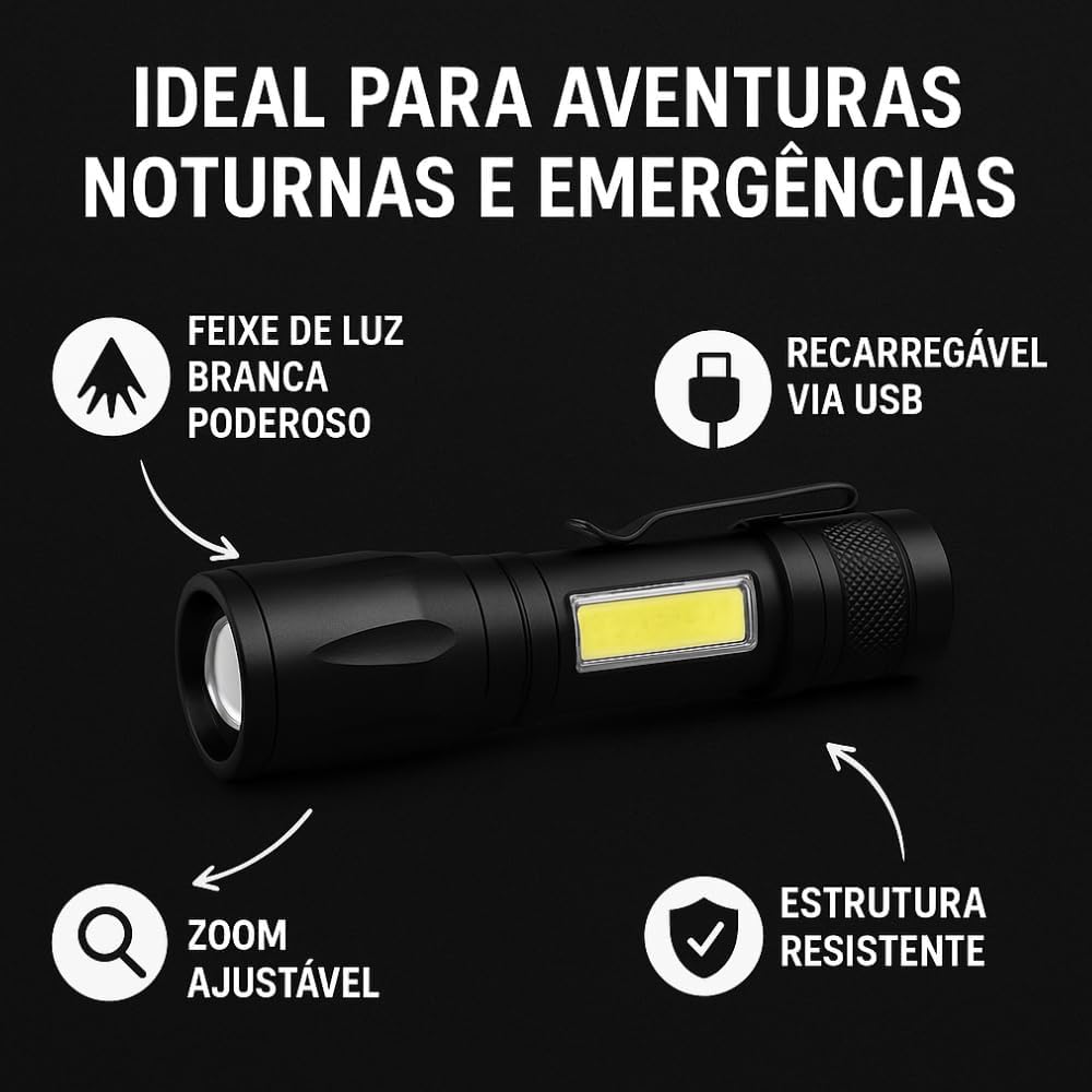 Lanterna Tática LED Recarregável Genérico 001 Zoom Ajustável 4 Lanterna Tática LED Recarregável Genérico 001 Zoom Ajustável - Imagem 4