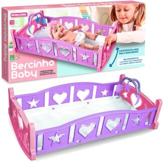 Berço de Boneca Brinquemix Bercinho Baby Rosa que Balança 47cm