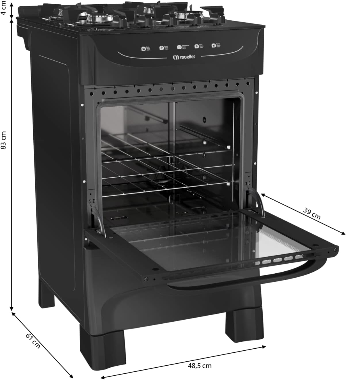 Fogão Mueller 4 Bocas Preto Fosco com Mesa de Vidro e Forno 2 Fogão Mueller 4 Bocas Preto Fosco com Mesa de Vidro e Forno - Imagem 2