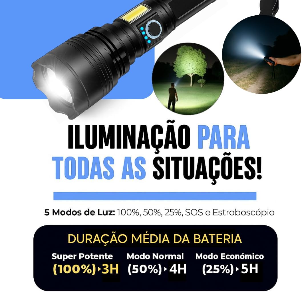 Lanterna Tática T9 LED Recarregável USB com Zoom Ajustável 5 Lanterna Tática T9 LED Recarregável USB com Zoom Ajustável - Imagem 5