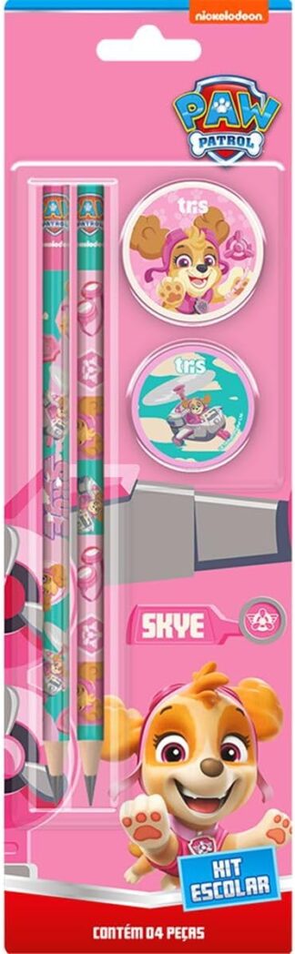 Kit Escolar Patrulha Canina Tris com Lápis Borracha e Apontador