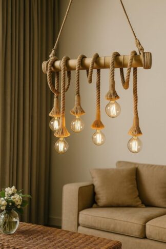 Lustre Pendente Rústico SHACK W25 Bambu e Corda 6 Lâmpadas