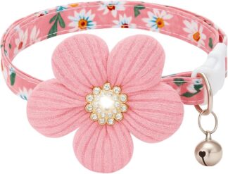 Coleira Floral Luxo com Sino para Gatos e Cães Pequenos Rosa