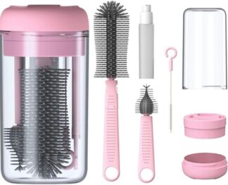 Kit Escova 4 em 1 Silicone para Limpeza de Mamadeira e Copo Rosa