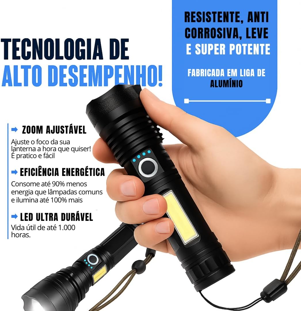 Lanterna Tática T9 LED Recarregável USB com Zoom Ajustável 6 Lanterna Tática T9 LED Recarregável USB com Zoom Ajustável - Imagem 6