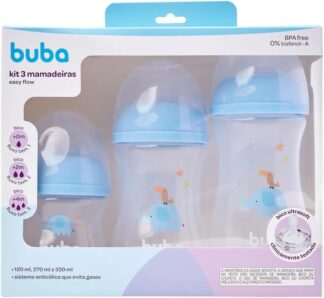 Kit 3 Mamadeiras Buba Easy Flow Anticólica Azul com Bicos