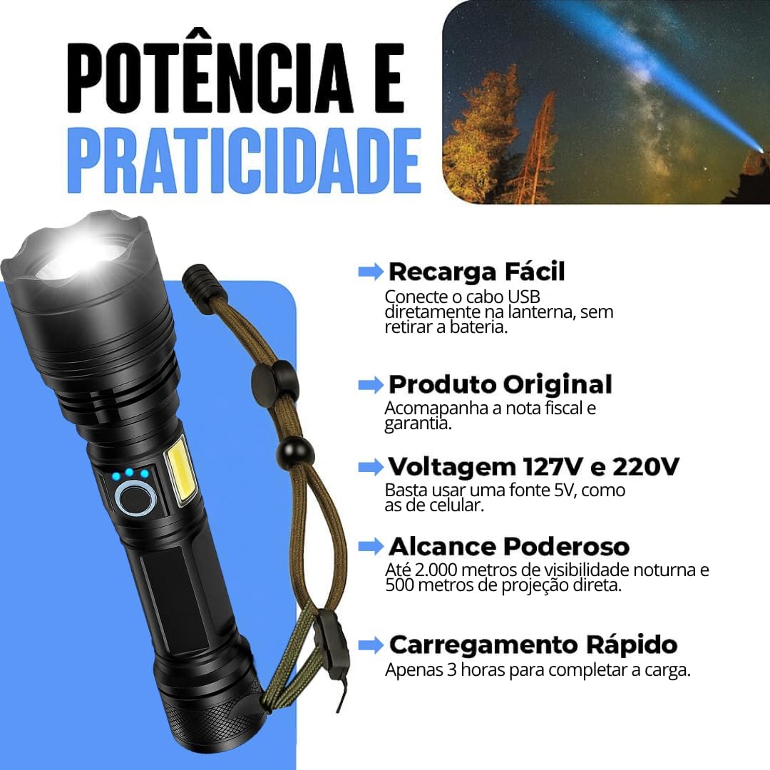 Lanterna Tática T9 LED Recarregável USB com Zoom Ajustável 3 Lanterna Tática T9 LED Recarregável USB com Zoom Ajustável - Imagem 3