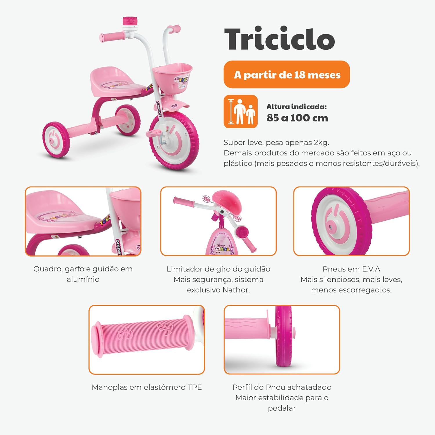 Triciclo Infantil Nathor You 3 Girl em Alumínio Rosa e Branco 2 Triciclo Infantil Nathor You 3 Girl em Alumínio Rosa e Branco - Imagem 2
