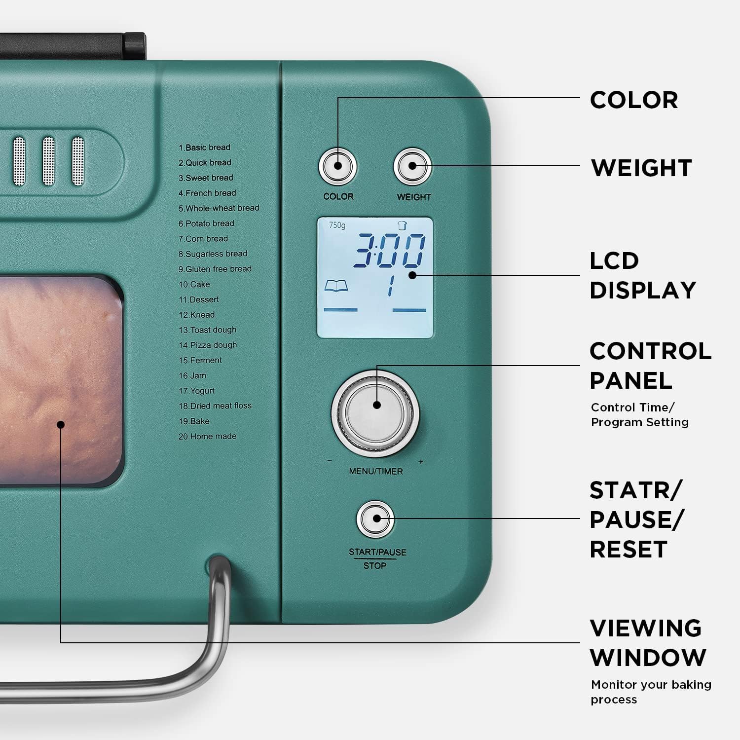 Máquina de Fazer Pão Neretva PE8866GR Digital 20 Em 1 Verde 6 Máquina de Fazer Pão Neretva PE8866GR Digital 20 Em 1 Verde - Imagem 6