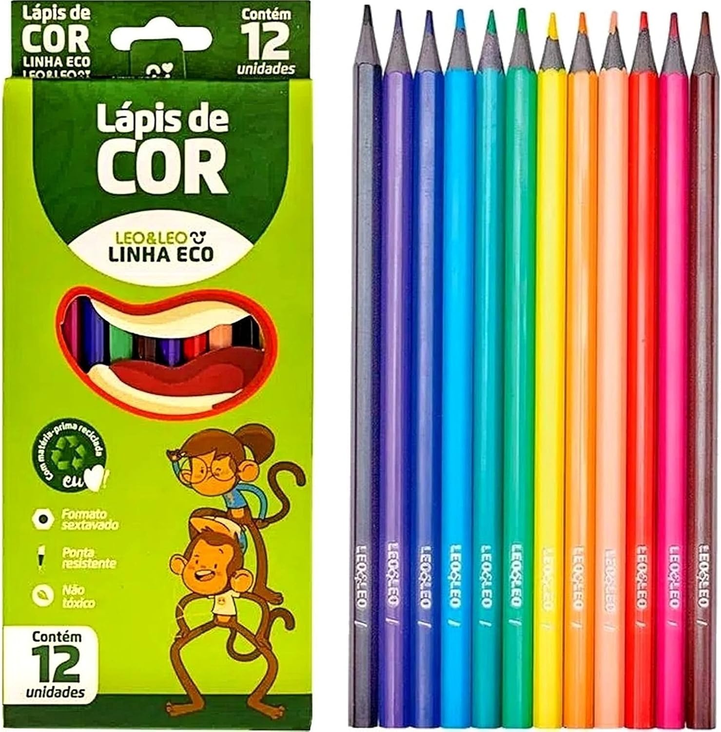 Lápis de Cor Leonora Eco Sextavado com 12 Cores para Desenho 1 Lápis de Cor Leonora Eco Sextavado com 12 Cores para Desenho