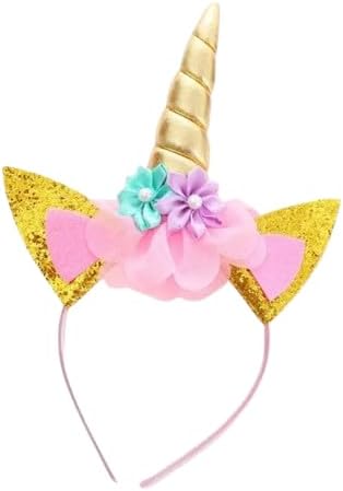 Tiara de Unicórnio com Chifre Flores e Orelhas para Meninas