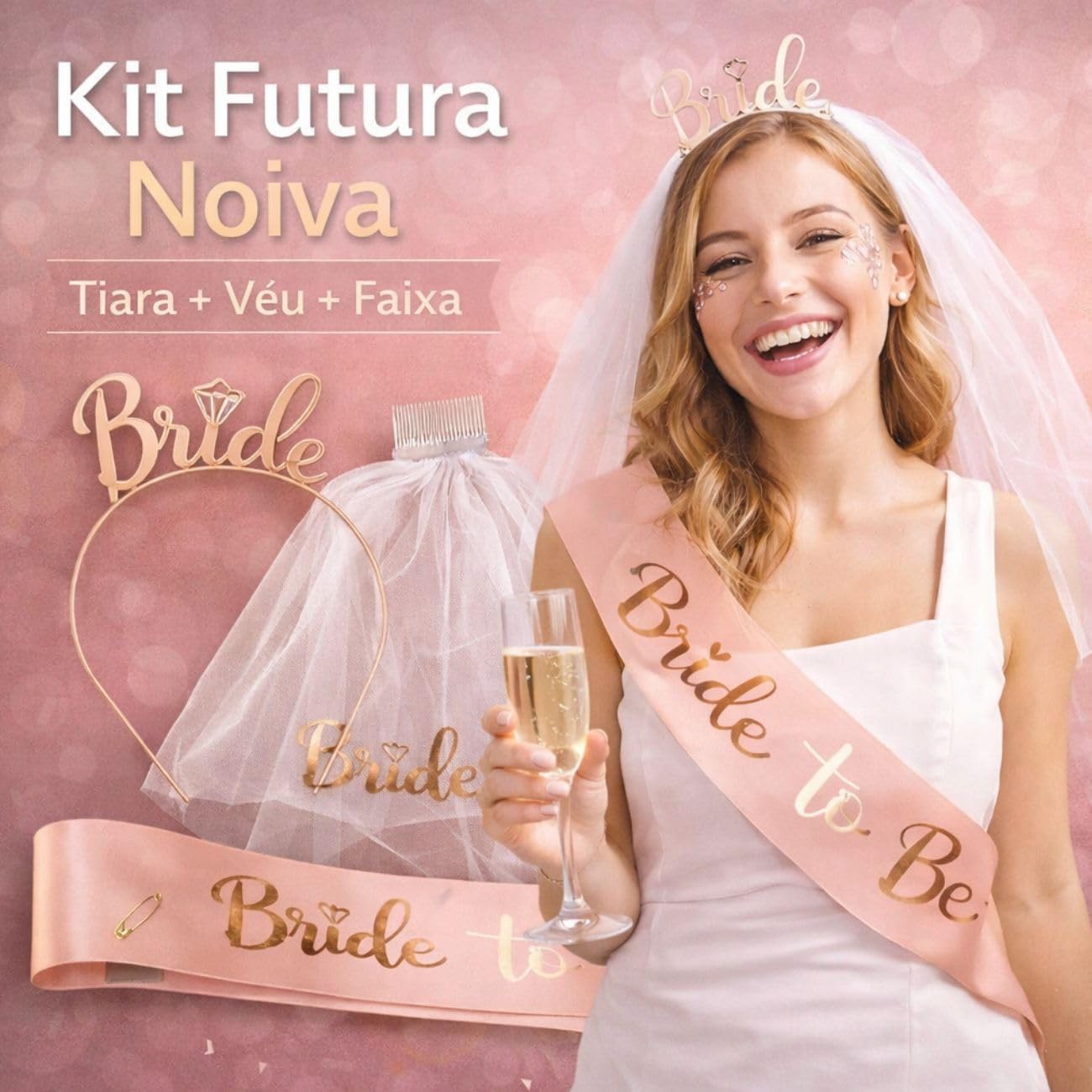 Kit Despedida de Solteira Noiva 3 Peças Tiara Véu e Faixa 3 Kit Despedida de Solteira Noiva 3 Peças Tiara Véu e Faixa - Imagem 3