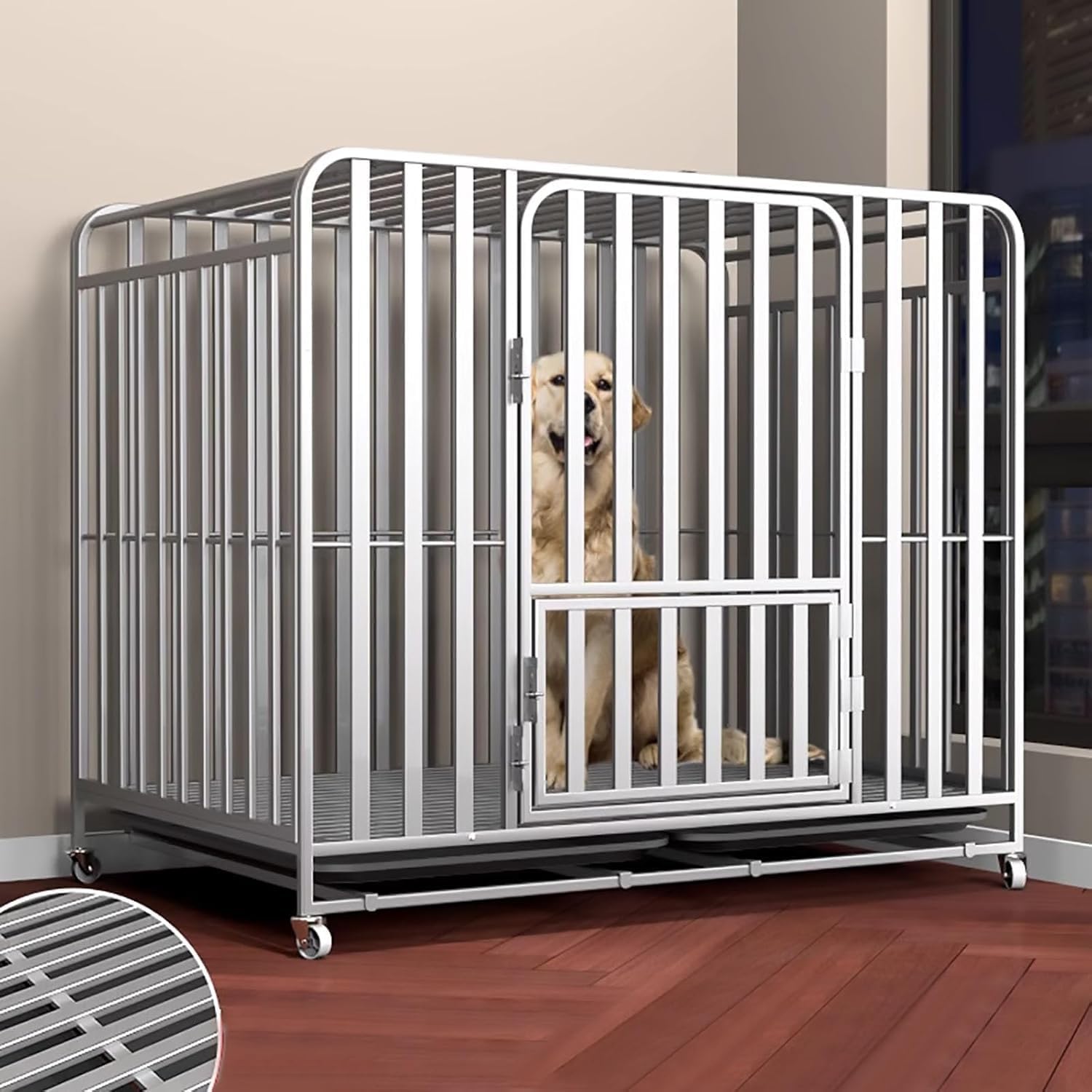 Gaiola para Cães em Tubo Quadrado com Bandeja e Rodas 110cm 1 Gaiola para Cães em Tubo Quadrado com Bandeja e Rodas 110cm